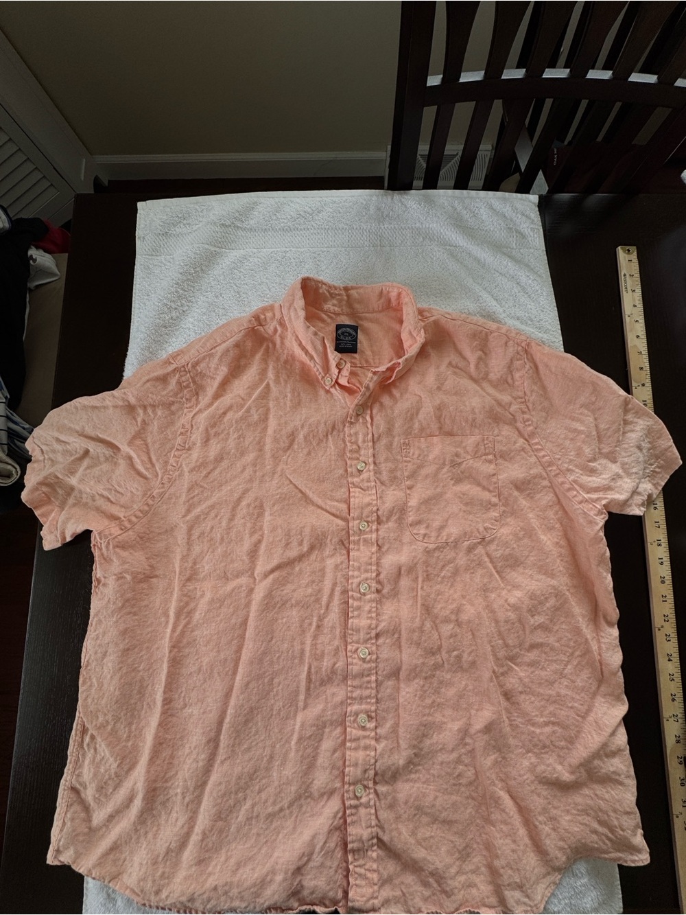Brooks Brothers Men's Linen Short Sleeve Button-Up Shirt, Peach, XXL